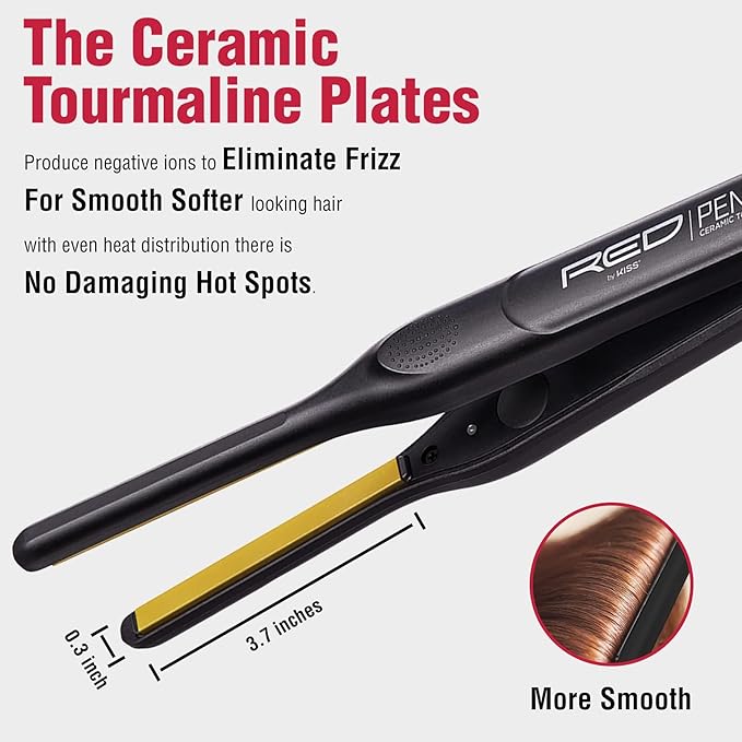 RED by KISS 2 Pcs Styling Set, 0.3” Ceramic Tourmaline Pencil Flat Iron & 4 Fl Oz Heat Protectant Spray with B5 & Keratin, for Edges, Tight Curls, Twist Styles & Frizz Control On Short Hair