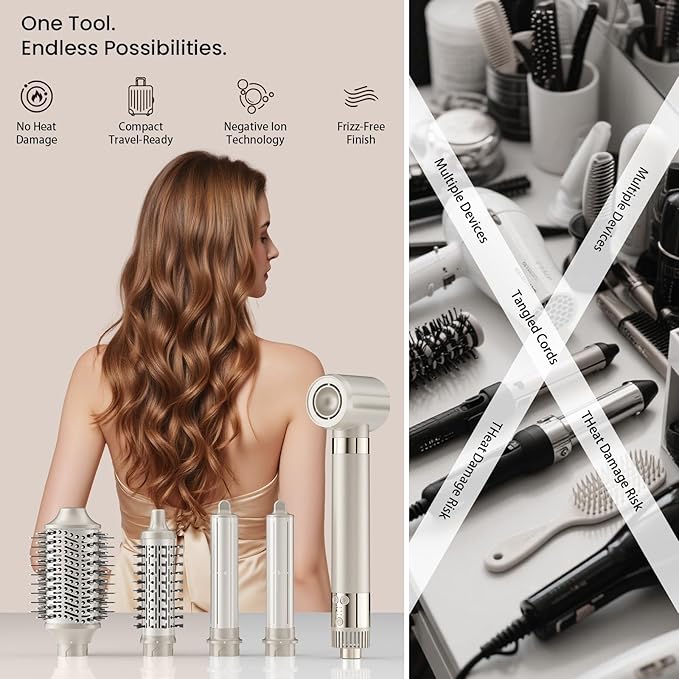 5-in-1 Hot Air Styler – Fast Hair Dryer with Auto Wrap Curlers & Volumizing Brushes, Frizz-Free Styling Tool for Curling, Smoothing & Adding Volume, No Heat Damage