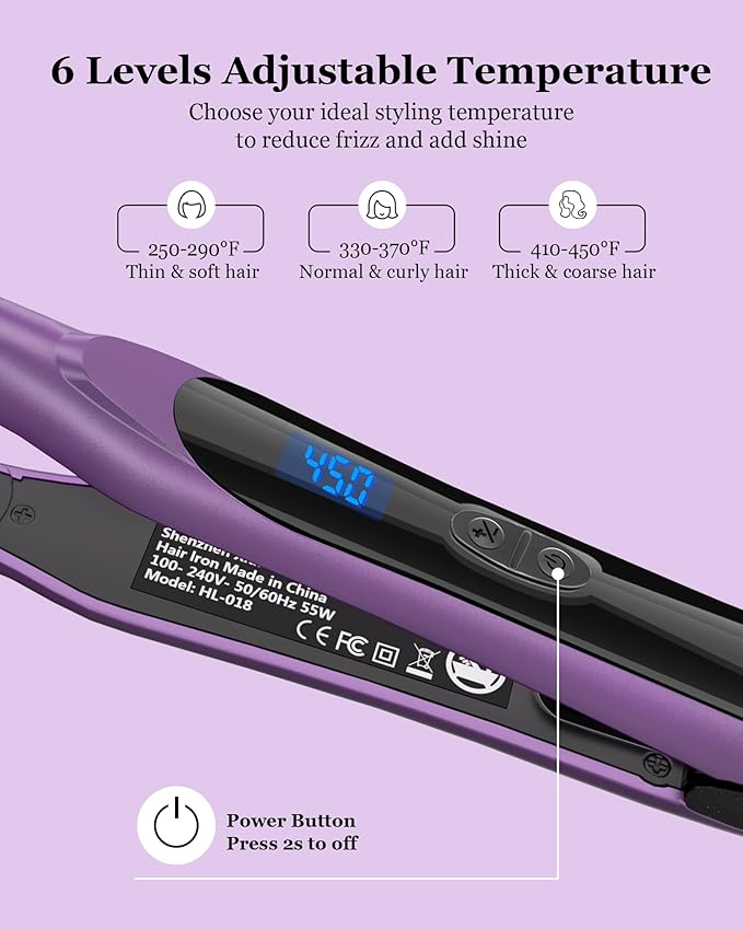 DSHOW 1/2" Flat Iron, Small Flat Iron Hair Straightener for Short Hair, Tourmaline Ceramic Mini Travel Hair Straightener with a Pouch, 6 Temperature, Dual Voltage (Purple)