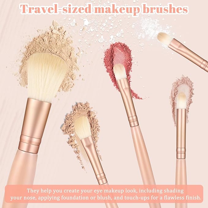 Travel Makeup Brush Set Apricot 5 Pcs Mini Makeup Brushes with Case and Mirror Portable Small Complete Function Cosmetic Brushes Kit Basic Cosmetic Profesional Tools for On The Go