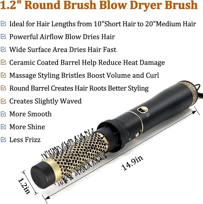 Round Hair Brush Blow Dryer (Yellow-Black, 1.2 Inch)