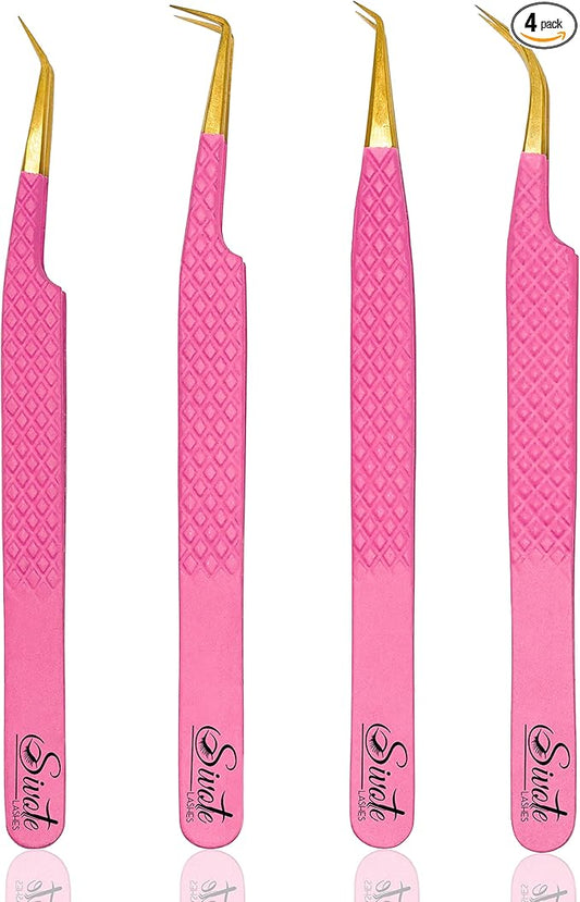 SIVOTE Fiber Tip eyelash tweezers for lash extensions with Diamond Grip, Pink, Set of 4 - Precise Tips Japanese Steel for Classic, Volume & Mega Volume Lashes, Anti-Rust - Ideal for Lash Artists