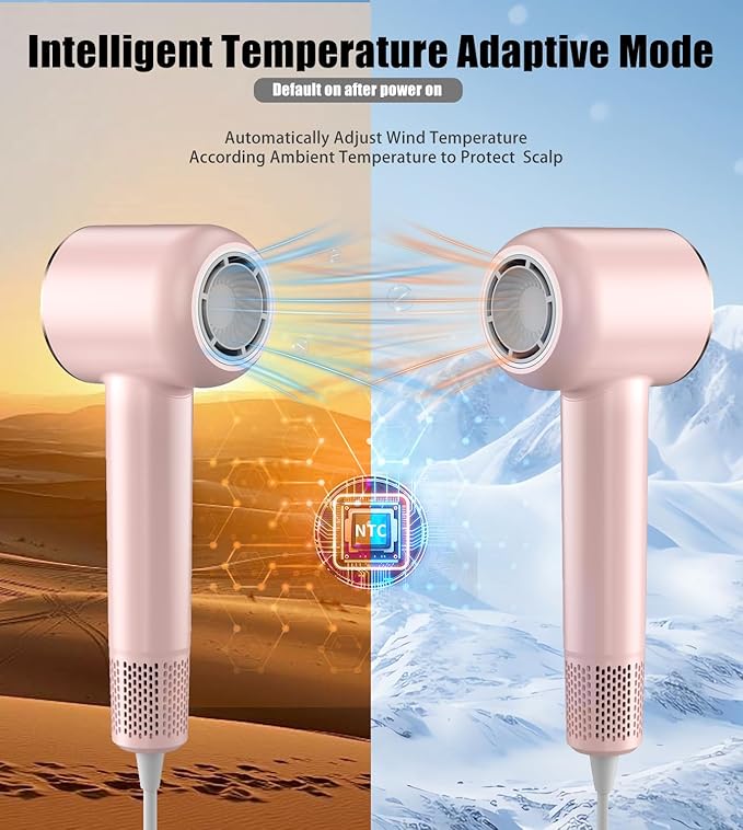 Hair Dryer, 110000 RPM Intelligent High-Speed Blow Dryer - 200 Millions Negative Ionic, Double-Layer Heating Wire for Fast Drying, Low Noise Thermo-Control Hair Dryer with Magnetic Nozzle (Pink)