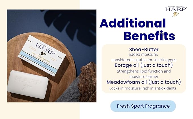HARP® Fresh Sport Body Wash Bar – pH Balanced (5.0–6.0) Syndet Cleanser, Soap-Free & No Lye, Non-Comedogenic, Gentle for Sensitive & Dry Skin, With Shea Butter & Borage Oil. 3-5oz Bars.