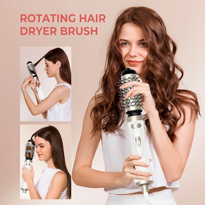 Hair Dryer Brush, 3-in-1 Rotating Round Hot Air Spin Brush Set with 2 Brushes (2" & 1.5"), Negative Ionic Blow Volumizer, 2 Detachable Auto-Rotating Curling Brush 100-120V
