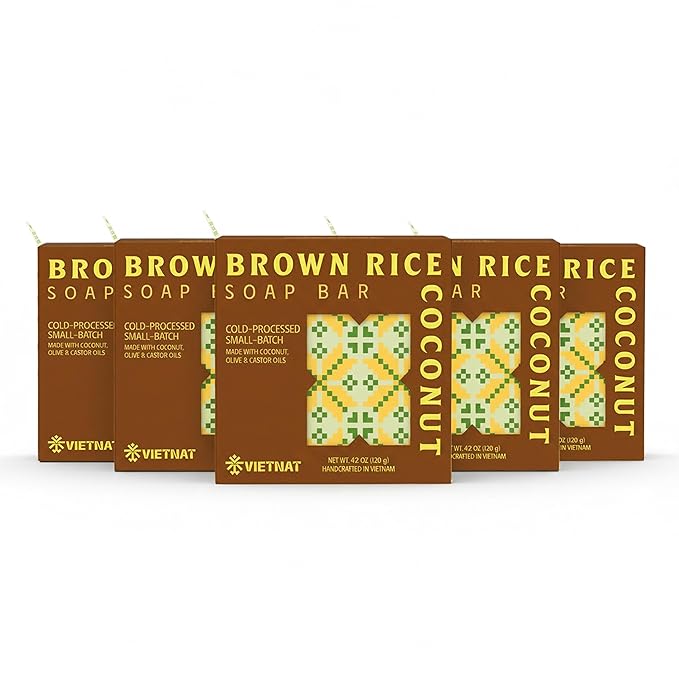 Brown Rice & Coconut Milk Soap Bar (Pack of 5) – 2-in-1 Exfoliating & Moisturizing Handmade Soap, Cold Process Bar with Brown Rice & Coconut Oil, Made in Vietnam