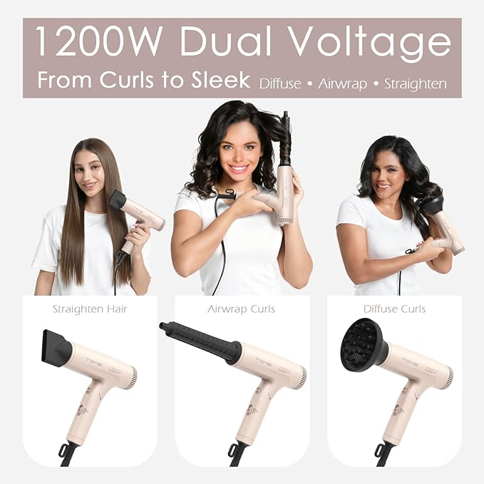 TOME 1200W Hair Dryer Travel Dual Voltage 120V/240V Foldable Blow Dryer with Diffuser Comb Nozzle Storage Bag Universal Power Adapter (Pink)