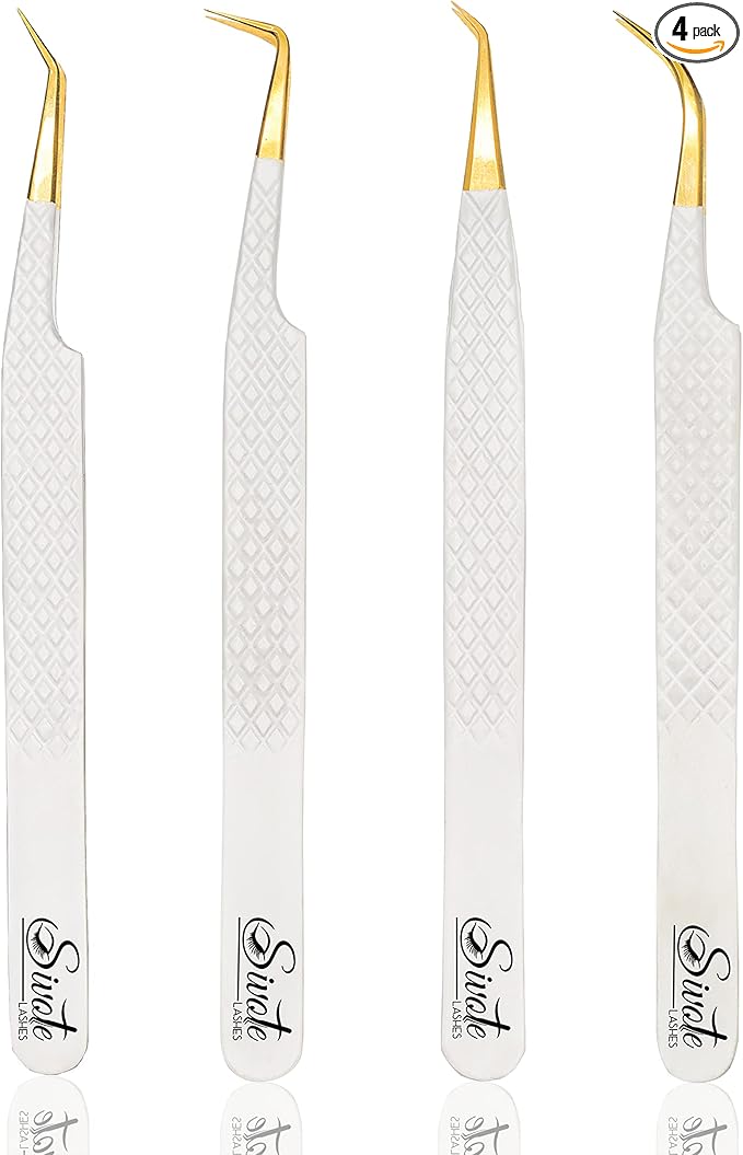 SIVOTE Fiber Tip Lash Tweezers for Eyelash Extensions with Diamond Grip, White, Set of 4 - Precise Tips Japanese Steel for Classic, Volume & Mega Volume Lashes, Anti-Rust - Ideal for Lash Artists