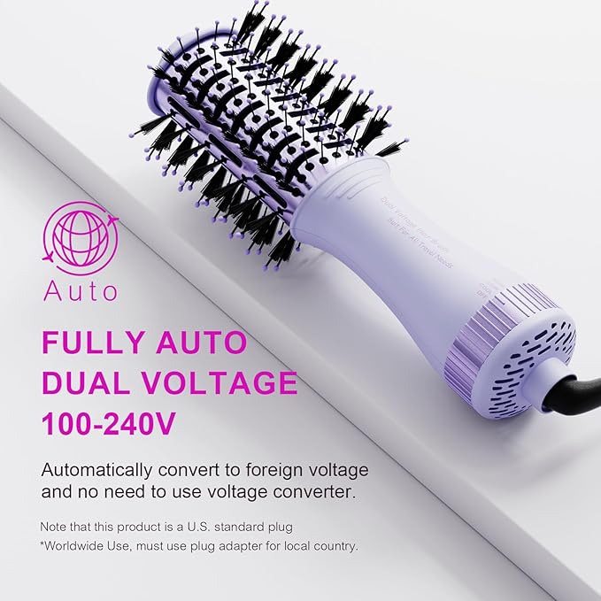 Dual Voltage Hair Dryer Brush Travel Blow Dryer Brush in One,2 inch Portable Mini Hot Air Brush,Travel Hair Tools/Volumizer/Straightener/Curler,European Blow Dry Brush with EU&UK Plug