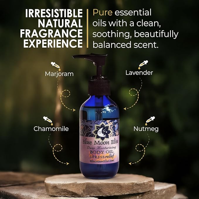 Blue Moon Elise Aromatherapy Body Oil - Hydrating Body Oil with Almond, Apricot & Coconut Oils - Scented with Pure Essential Oils for Women, Men & Dry Skin (Stress Relief 4 Oz)