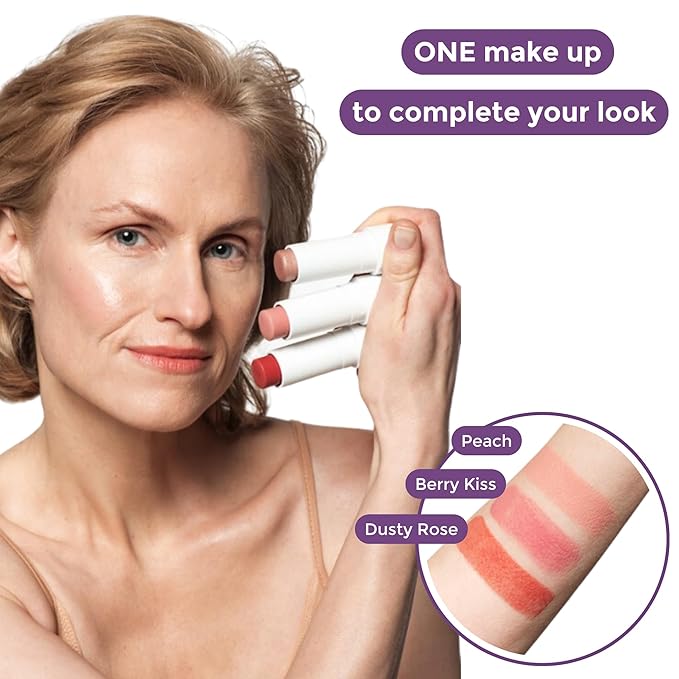 BloomBlush+ Multipurpose Color Stick For Older Women - Blush, Lipstick & Contour in 1- Radiant, Healthy Glow & Nourishing Formula - For Sensitive Skin (Berry Kiss, Regular)