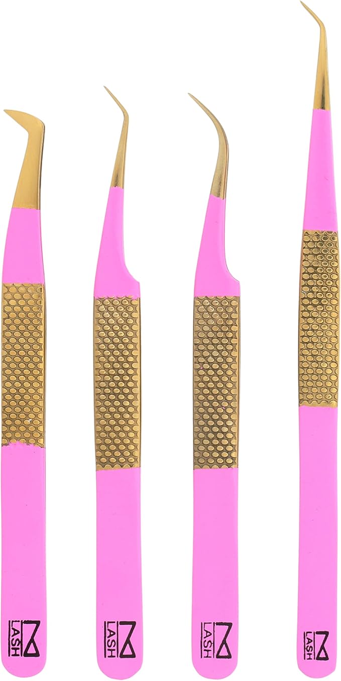M LASH Tweezers for Eyelash Extensions (Set of 4) - Professional Lash Extension Tweezers - Fiber Tip, Japanese Steel, Diamond Grip Eyelash Extension Tweezer (PMG-SET)
