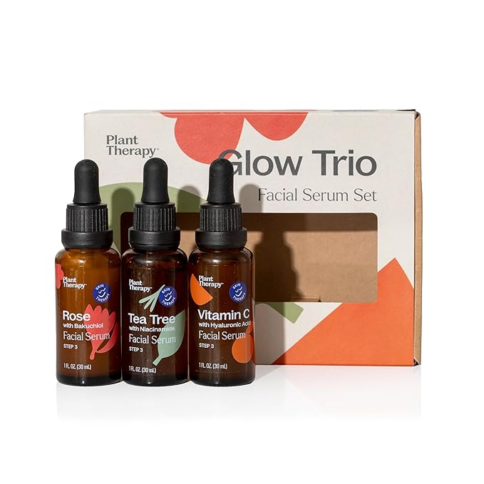 Plant Therapy Facial Serum Trio Set 1 oz each, Vitamin C & Hyaluronic Acid, Rose with Bakuchiol & Tea Tree with Niacinamide, Reduces the Appearance of Fine Lines & Wrinkles