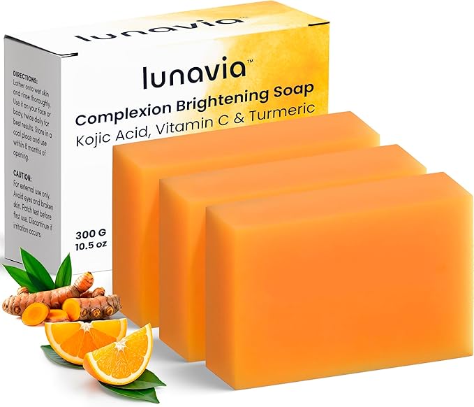 Kojic Acid Complexion Brightening Soap Bar with Vitamin C, Turmeric, Retinol, Collagen & Hyaluronic Acid – Brightening Face & Body Soap – Supports Brighter Skin, Even Skin Tone – 3 Pack