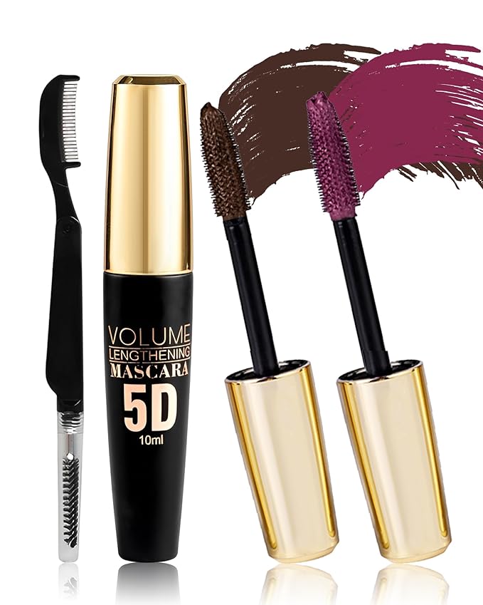 Burgundy Brown Mascara Waterproof, Volume and Length Volumizing Colored Mascara for Eyelashes, Long Lasting Smudge-proof Lengthening Curling Define Eye Lash Tube Máscara with Fiber for Women