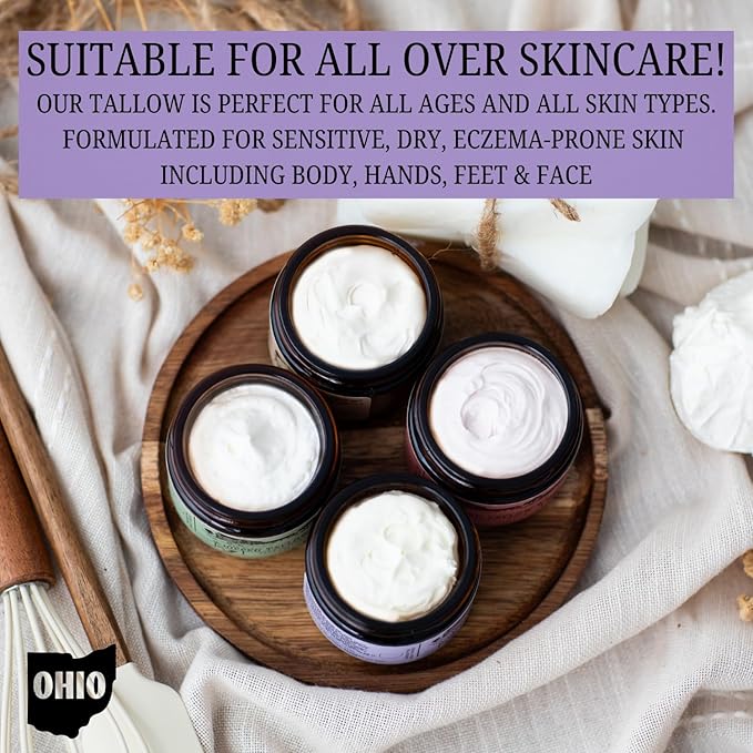 Lavender Infused 100% Grass-Fed Whipped Tallow Balm & Organic Jojoba Oil, Face and Body Moisturizer for Dry, Sensitive Skin, Eczema, (Lavender Infused)