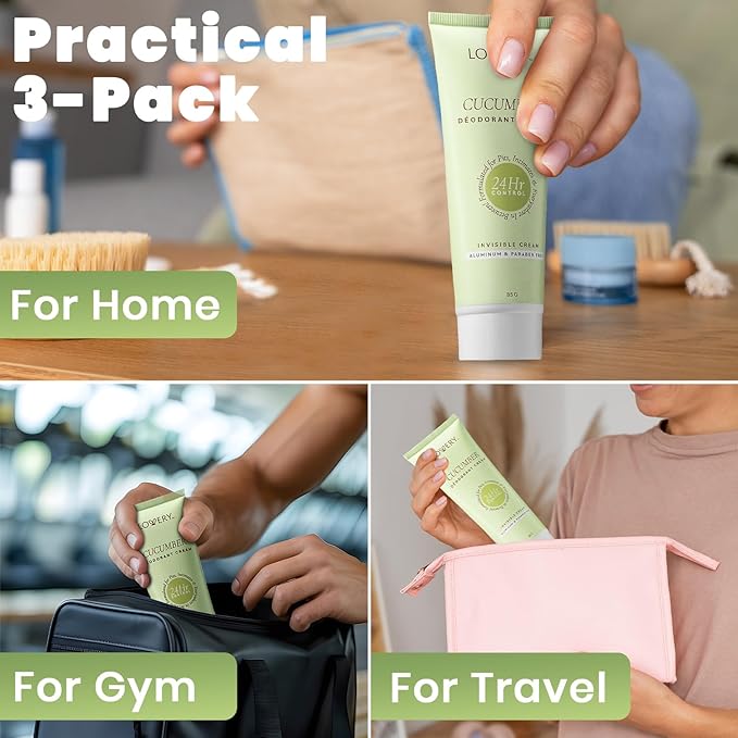 Deodorant Women - Whole Body Aluminum Free Deodorant for Women Cucumber Scented Invisible Cream Tube, Baking Soda Free Skin Loving 3oz - 3 Pack