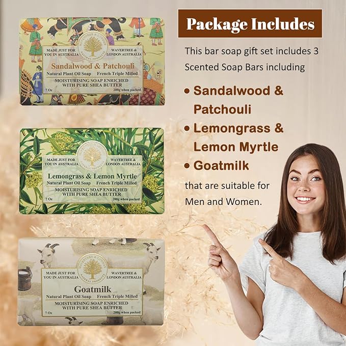 Wavertree & London Trio Gift Box (3 Bars) - 7oz Lemon Myrtle, Goats Milk, Sandalwood Patchouli Scented Moisturizing Triple Milled Natural Soap Bars - Pure Plant Oil Soap Bars for All Skin Types