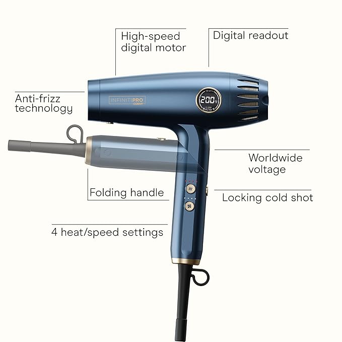 Infiniti PRO by CONAIR DigitalAIRE 2.0 Hair Dryer, 1875W Frizz-Reducing Ionic Hair Blow Dryer with Diffuser, Up to 5X More Speed and 90,000 RPMs for Advanced Drying Power, Blue