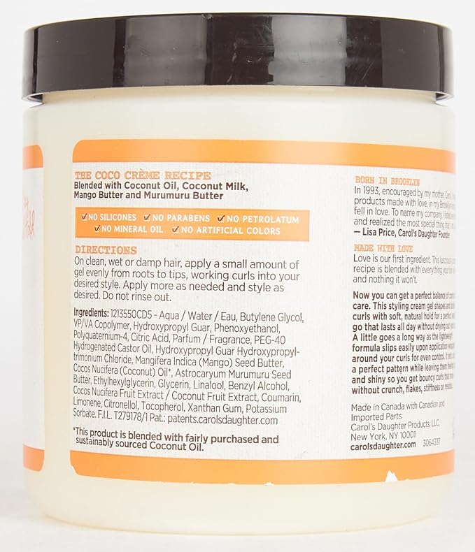 Carol’s Daughter Coco Creme Curl Shaping Cream Gel, with Coconut Oil, Coconut Milk, Hair Gel for Curly Hair , Silicone, Paraben and Mineral Oil Free, For Very Dry Split Ends, 16 Oz