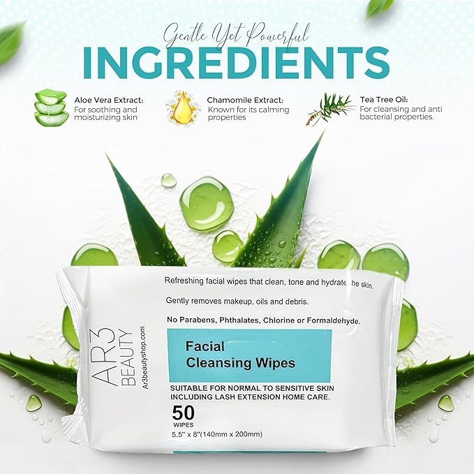 Facial Cleansing Wipes. 3 Pk. Pack of 50 each. (Facial Cleansing Wipes for Women | Gentle Makeup Remover. 150 wipes