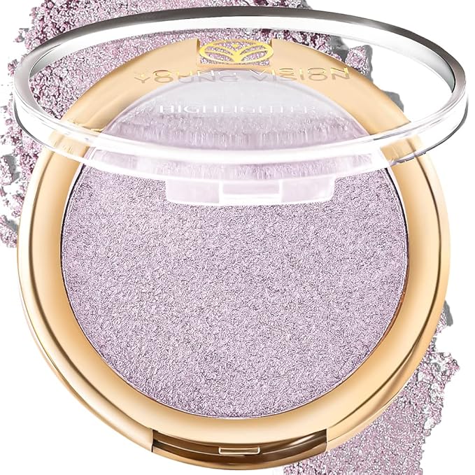 YOUNG VISION Pressed Powder Highlighter, Baked Natural Glow Contour Powder & Face Highlighter, Cruelty Free, Shimmer Highlighting Makeup for Face, Eye, Eyeshadow, Body, Skin (Purple)