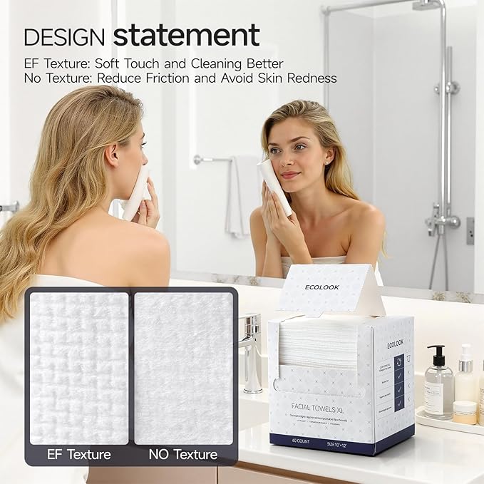ECOLOOK Disposable Face Towel XL-10"x12" Upgraded Thick Facial Towels, Ultra Soft Clean Face Towels Disposable, 60 Count & 90 GSM, Ideal for Sensitive Skin-3 PACK