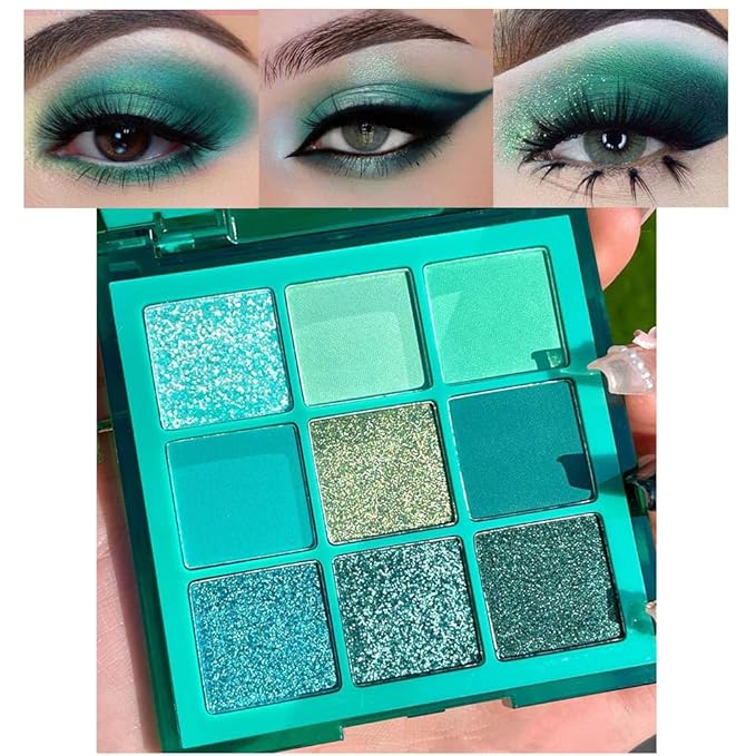 evpct 9 Colors Teal Eyeshadow Palette, Turquoise Cyan Light Blue Dark Green Glitter Metallic Shimmer Sparkly Eye Shadow Palette Makeup for Older Women Blue Eyes, Waterproof Highly Pigmented Eyeshadow