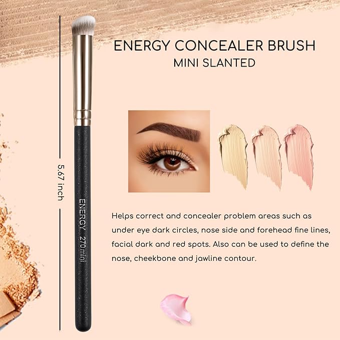 ENERGY Under Eye Concealer Brush Mini Flat Angled Kabuki for Concealing Blending Setting Buffing with Powder Liquid Cream Cosmetics Vegan Makeup Brush