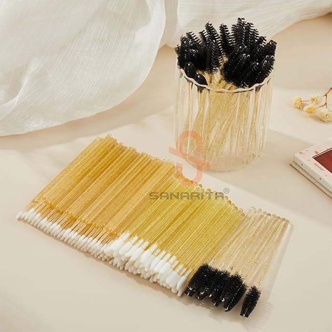 300PCS Eyelash Extension Supplies Kit, Disposable Micro Swab Brushes Eyebrow Spoolies Lip Brushes Mascara Wands Makeup Applicator Tools(Gold)
