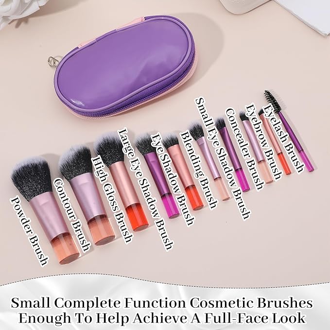 10 Pcs Mini Travel Makeup Brushes Set with Pouch, Short Handle Makeup Brushes for Women Girls Portable Full Complete Function Cosmetic Kit Brush Blush Powder Eye Shadow