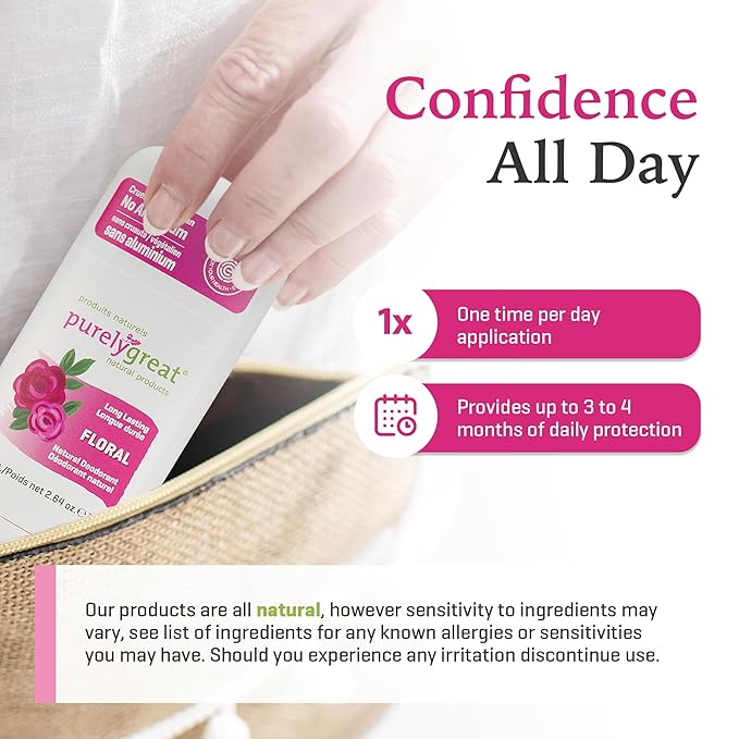 Purelygreat - Floral-Scented Natural Deodorant Stick, Travel-Friendly Hygiene Essentials for Women, Natural Deodorant for Men Without Aluminum & Parabens, 2.64 oz / 75 g