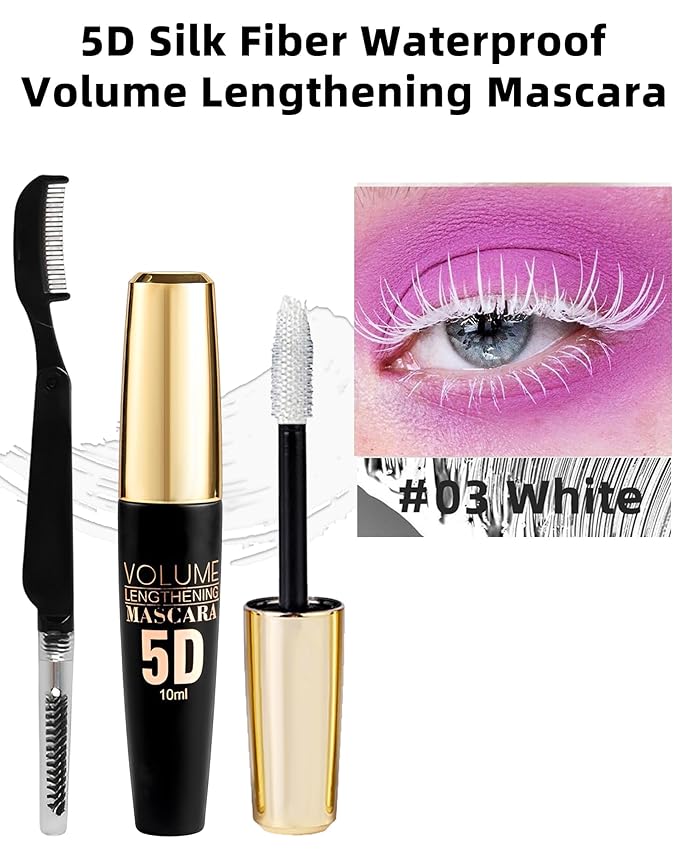 White Waterproof Mascara Primer for Eyelash, 5D Silk Fiber Lashes Extension Colored Tube Mascara with Eyelash Brush, Long Lasting Smudge-proof Volumizing Lengthening, Eye Makeup Party Gift for Women
