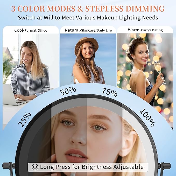 FUNTOUCH 10" 1X/30X Wall Mounted Lighted Makeup Mirror, 4500mAh Rechargeable Double Sided Magnifying Mirror with Adapter, 3 Color Lights,Touch Dimmable, 360 Rotation Extended Arm for Bathroom,Black
