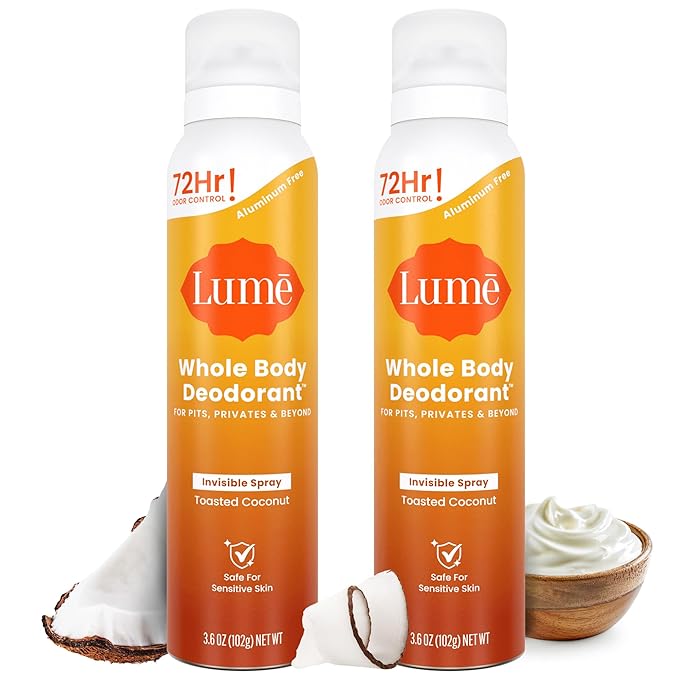 Lume Invisible Spray Deodorant For Women - Whole Body Deodorant Spray - 72Hr Odor Control - Ozone Friendly, Natural Propellant - Aluminum & Baking Soda Free, Skin Loving - 3.6oz, 2pk (Toasted Coconut)