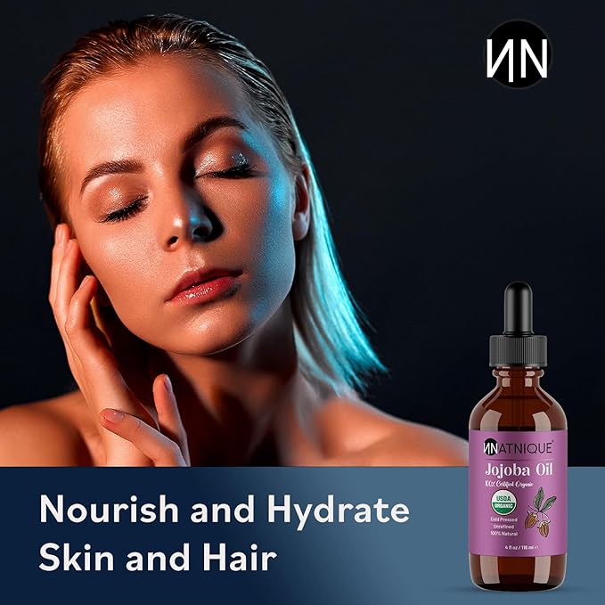 Natnique Organic Jojoba Oil 4 oz – USDA Certified, Cold Pressed, Unrefined & Hexane-Free – Pure Moisturizer for Hair, Face, Skin, Beard, Scalp, Nails & Cuticles – Natural Care (4 Oz)