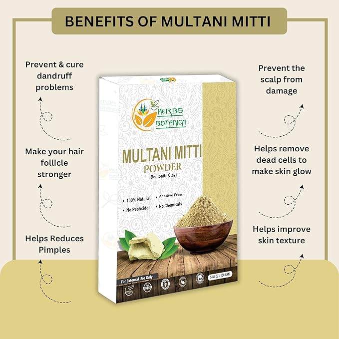 Multani Mitti Earth Clay (Bentonite & Kaolin), 100% Natural Indian Healing Clay Mask for Skin Care, Natural Deep Cleansing, Pure Grade Facial Mask, Calcium & Sodium Clay, 5.3 oz