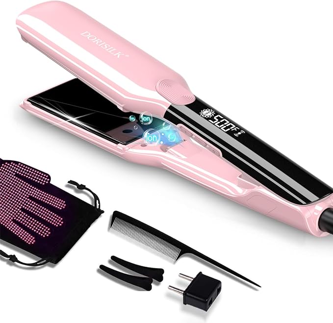 DORISILK 500 Degree High Temp Professional Hair Straightenr ， Ceramic Wide Flat Iron ，2 in 1 Hair Straightener and Curler，Plasma Flat Iron Straightener Get Frizz-Free and Shiny (Pink)