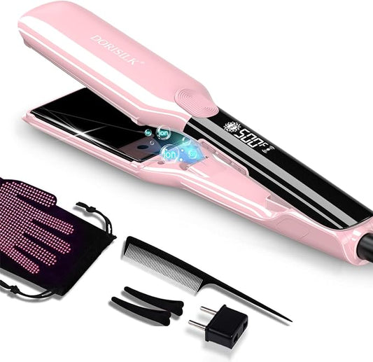 DORISILK 500 Degree High Temp Professional Hair Straightenr ， Ceramic Wide Flat Iron ，2 in 1 Hair Straightener and Curler，Plasma Flat Iron Straightener Get Frizz-Free and Shiny (Pink)