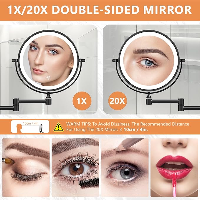 Auxmir 8'' Wall Mounted Lighted Makeup Mirror, 3200mAh Rechargeable Double-Sided 1X/20X Magnifying Mirror with Light, Touch Dimmable 3 Color Light, 360° Rotation Foldable Extended Arm, Black