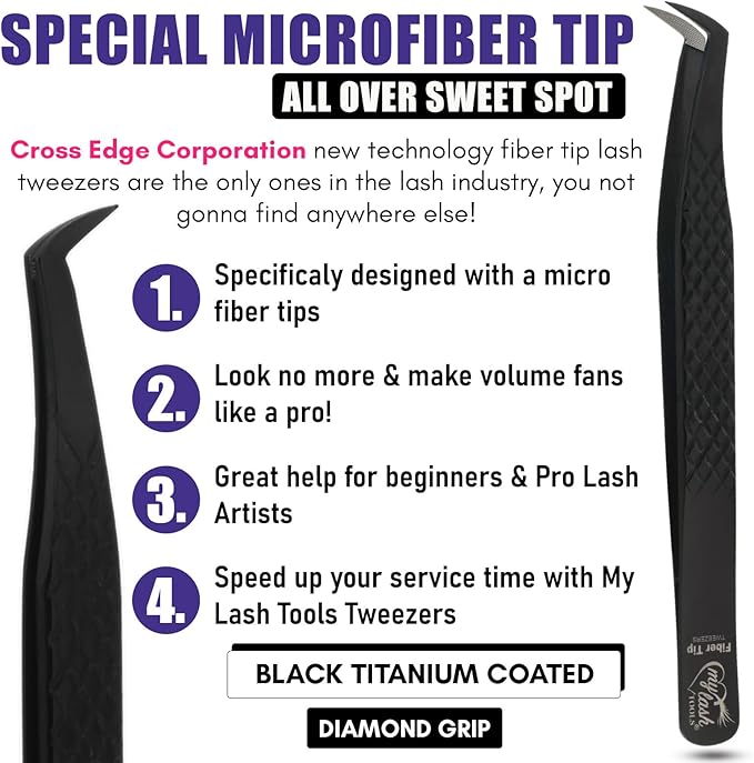 Fiber Tip Mega Boot Volume Lash Tweezer – Professional Eyelash Extension Tool, Diamond Grip, Non Slip, Stainless Steel Tweezers for Volume Fans, Classic, and Mega Volume Lash Applications (Black)