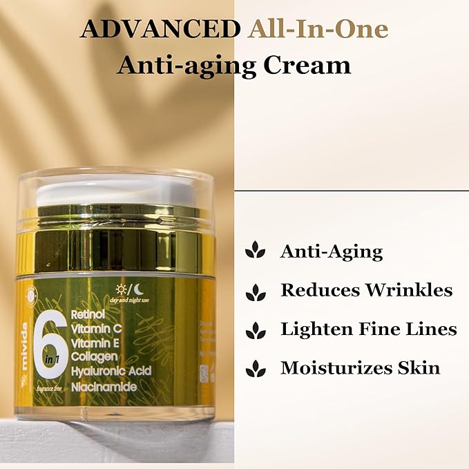 mivida Advanced Retinol Cream for Face & Neck | 6-in-1 Anti-Aging Moisturizer with Collagen, Hyaluronic Acid, Vitamin C & E | Firming, Hydrating, Wrinkle-Reducing | Daily Face Cream - 1.7 fl oz