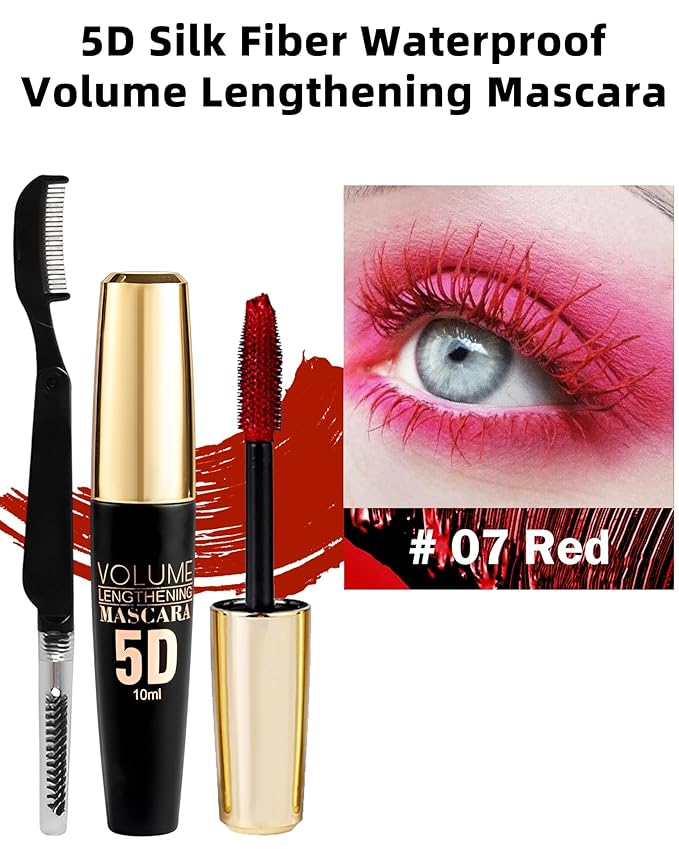 Red Waterproof Mascara for Eyelash, 5D Silk Fiber Lashes Extension Colored Tube Mascara with Eyelash Brush, Long Lasting Smudge-proof Volumizing Lengthening, Cosplay Party Eye Makeup Gift for Women