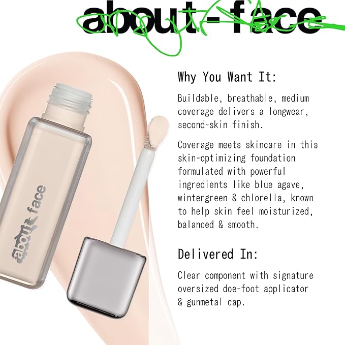 about-face THE PERFORMER Skin-Focused Foundation F1Neutral – Medium Coverage, Long-Wear, Breathable & Buildable Base – Clean, Vegan, Hydrating Formula with Blue Agave & Chlorella – 1.08oz