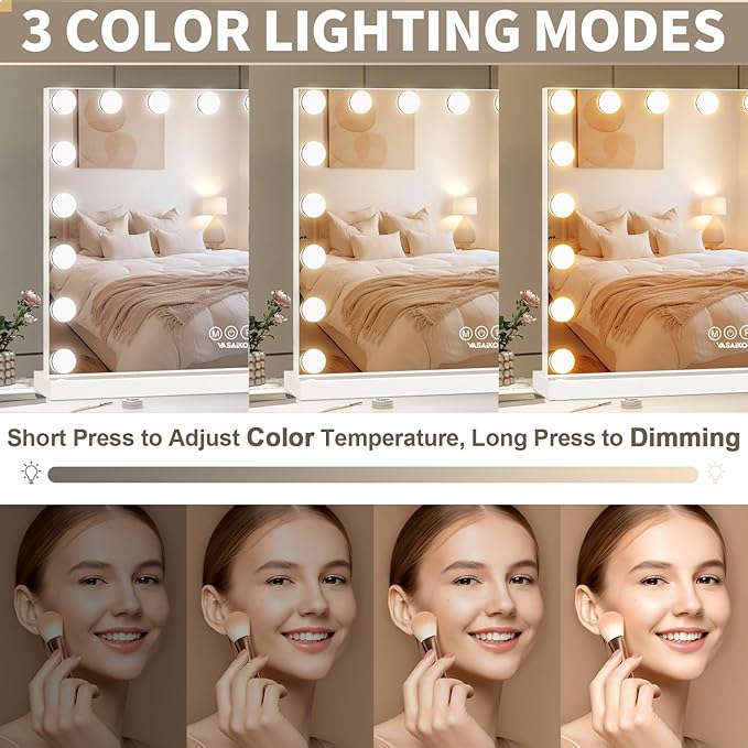Hollywood Vanity Mirror with Lights, 31.4" x 23.6" Makeup Mirror with 18 LED Dimmable Bulbs, 3 Color Modes, 10X Magnification, USB Charging Port Touch Control