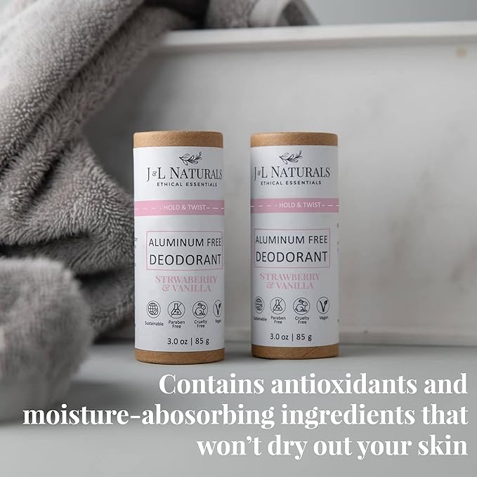 J&L Naturals Aluminum Free Deodorant for Men & Women | 100% Natural Ingredients With Coconut Oil, Shea Butter, & Essential Oils | Sustainable, Eco-Friendly (Strawberry & Vanilla, 3.0 Oz (Pack of 2))