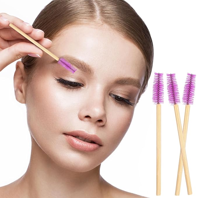 MyAoKuE-UP 100 Pack Bamboo Handle Mascara Wands Disposable Eyelash Brushes Eco-friendly Lash Extension Tool, Purple