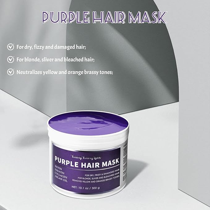 Keratin & Biotin Purple Hair Mask - Neutralizes Yellow & Orange Brassy Tones for Blonde, Silver, Bleached Hair - Deep Hydrating with Argan Oil & Collagen for Dry, Damaged, Frizzy Hair, 10.1 oz