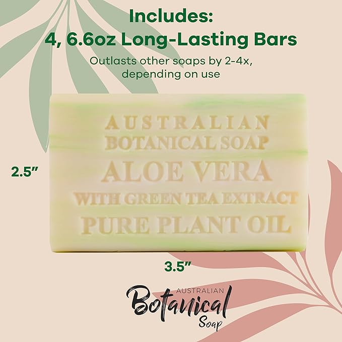 Australian Botanical Soap Aloe Vera with Green Tea Extract 6.6 oz Luxury Soap Bars Enriched with Shea Butter, Pack of 4