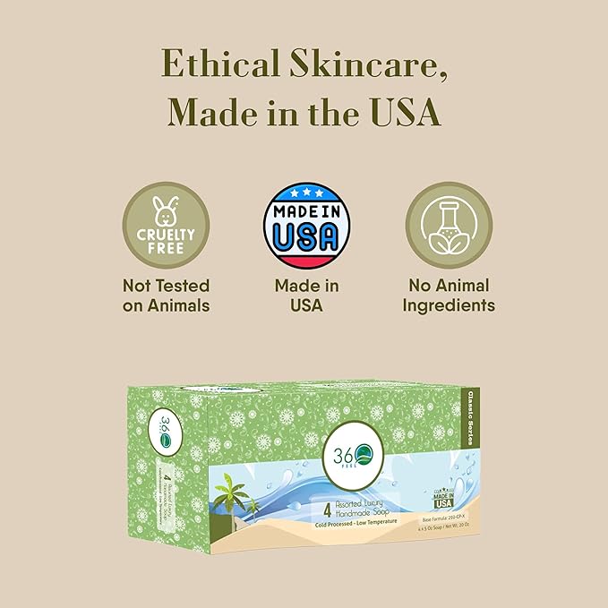 360 Feel Assorted Bar Soap Set - Made in the USA - Castile Handmade All Natural Cold Processed - Includes 4 Assorted Scents - Earthy, Floral, Fruity, & Sweet Fragrances - (5oz, 4-Pack)